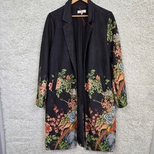 Solitaire Floral Bird Print Duster Coat Women XL Black Chinoiserie